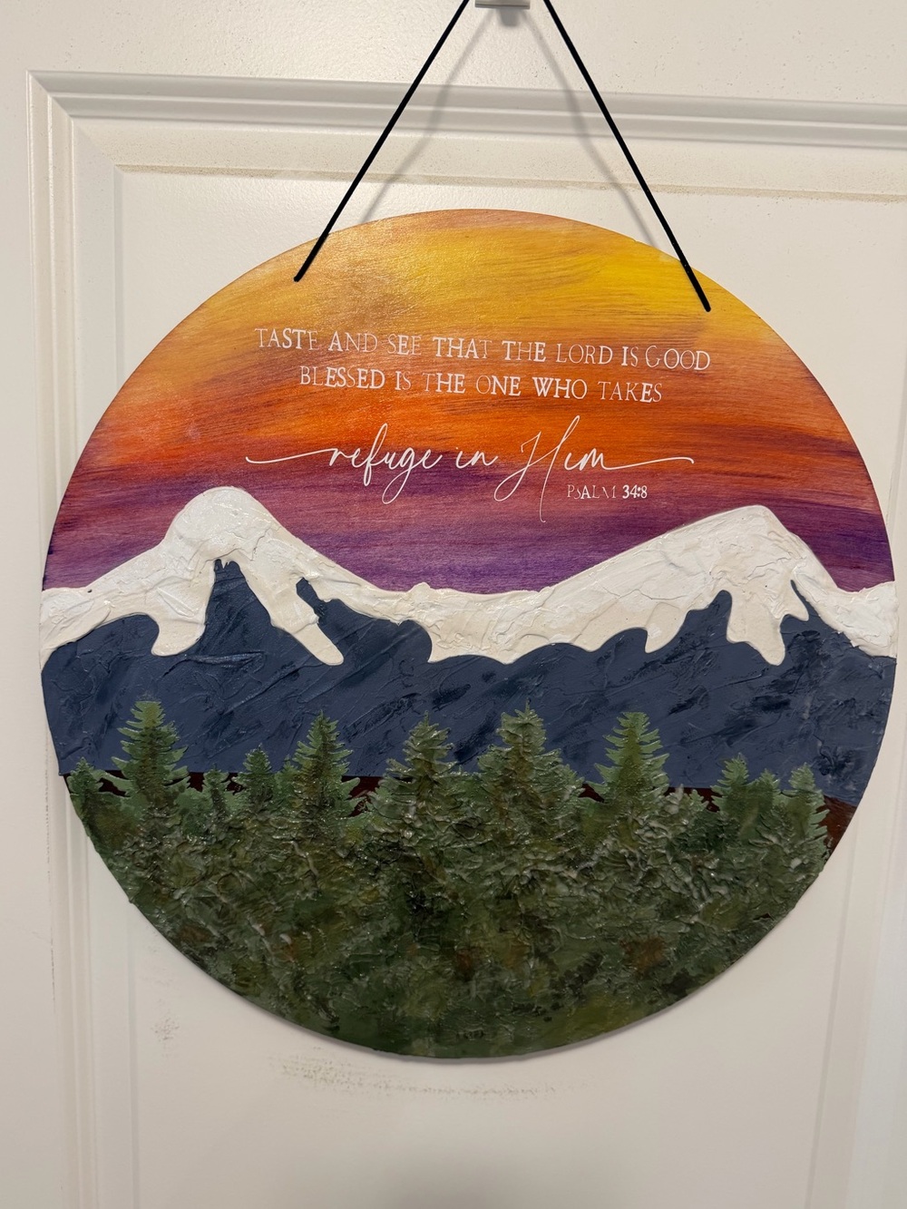 Refuge in Him Round Wall Art - Blue & Orange Mountain Sign 18"x18"